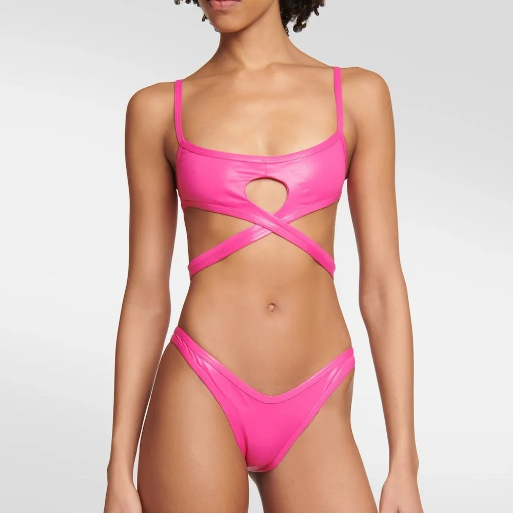 The Attico Cut-Out Wraparound Bikini Set In Fuchsia Technical Fabric